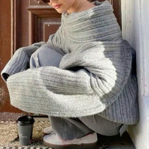 Grey Casual Women's Asymmetric Collar Long Sleeve Loose Sweater - Picture 2 of 3